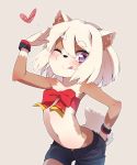  1girl animal_ears armband blush breasts ears eyebrows flat_chest furry heart highres looking_at_viewer one_eye_closed original ribbon salute short_hair shorts simple_background small_breasts smile solo tail tongue tongue_out violet_eyes white_hair yuuki_(yuyuki000) 