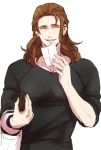  1boy bag brown_eyes brown_hair granblue_fantasy half-closed_eyes holding long_hair looking_at_viewer male_focus paper siegfried_(granblue_fantasy) simple_background siwomi sleeves_pushed_up smile wallet white_background 