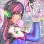  1girl animal_print bangs bodysuit bracer breasts brown_eyes brown_hair bubble_blowing bunny_print charm_(object) cherry_blossoms chewing_gum d.va_(overwatch) facepaint facial_mark from_side gloves glowing gun handgun headphones high_collar holding holding_gun holding_weapon lips long_hair looking_at_viewer looking_to_the_side medium_breasts nose outdoors overwatch pilot_suit pink_lips pistol ribbed_bodysuit shoulder_pads signature skin_tight solo swept_bangs tree trigger_discipline upper_body victor_vaz watermark weapon web_address whisker_markings white_gloves 