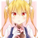  1girl bangs blonde_hair blush chocolate dragon_girl dragon_horns dragon_tail dress eyebrows_visible_through_hair gloves hair_between_eyes holding_own_tail horns kobayashi-san_chi_no_maidragon kumano09_(yaecha0) long_hair looking_at_viewer maid maid_headdress red_eyes ribbon simple_background slit_pupils solo tail tail_ribbon tooru_(maidragon) twintails upper_body white_gloves 