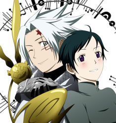  1boy 1girl 1other ahoge allen_walker black_shirt black_stripes blush cloak collared_cloak collared_shirt creature creature_on_shoulder cross d.gray-man earrings facial_mark golem_(d.gray-man) green_hair green_shirt grey_eyes grey_mask grin horns jewelry lenalee_lee looking_at_viewer mandarin_collar mask musical_note musical_note_print on_shoulder one_eye_closed pixie_cut scar scar_across_eye scar_on_face sempronwu shirt short_hair sidelocks smile spiky_hair star_(symbol) star_facial_mark striped_background stud_earrings tail timcanpy turtleneck turtleneck_shirt unworn_mask violet_eyes white_background white_cloak white_hair wings 
