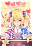  1girl alternate_hairstyle american_flag_jacket blonde_hair blush box closed_eyes clownpiece commentary_request gift gift_box heart incoming_gift jacket koissa long_sleeves ribbed_sweater solo star star_print striped sweater tears touhou twintails valentine white_sweater 