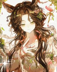  1girl absurdres animal_ears brown_hair closed_mouth deer_ears deer_girl dress flower green_eyes hair_flower hair_ornament hair_ribbon hand_up highres jessica_(reverse:1999) long_hair looking_at_viewer parted_bangs pink_dress pink_flower pink_ribbon reverse:1999 ribbon smile solo sparkle upper_body weiyan_(nbnbmwnl) white_background 