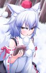  1girl animal_ears bare_shoulders box breasts chocolate detached_sleeves fang gift gift_box hat inubashiri_momiji looking_at_viewer nature obligation_chocolate open_mouth pom_pom_(clothes) red_eyes ribbon short_hair silver_hair solo tail tokin_hat touhou valentine wolf_ears wolf_tail 