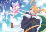  2girls beads blonde_hair blue_eyes capelet dragon_girl dragon_tail gloves hair_beads hair_ornament hand_holding horns kanna_kamui kobayashi-san_chi_no_maidragon lavender_hair long_hair looking_at_viewer low_twintails maid maid_headdress multiple_girls necktie open_mouth sky spinning tail thigh-highs tooru_(maidragon) twintails ume_(plumblossom) white_gloves white_legwear 