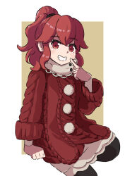  1girl absurdres anna_(fire_emblem) cianter finger_to_face fire_emblem fire_emblem_engage highres looking_at_viewer ponytail red_eyes red_hair red_sweater sidelocks smile solo sweater 