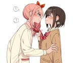  2girls ? akiyama_mizuki blush bow bowtie brown_cardigan brown_eyes brown_hair cardigan closed_mouth collared_shirt ear_blush eye_contact hair_bow hand_on_another&#039;s_arm long_hair long_sleeves looking_at_another multiple_girls namgic neckwear_grab pink_eyes pink_hair pink_shirt profile project_sekai red_bow red_bowtie school_uniform shinonome_ena shirt short_hair side_ponytail simple_background smile spoken_question_mark striped striped_bow striped_bowtie sweatdrop upper_body white_background white_bow white_cardigan yuri 