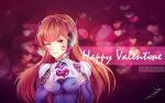  1girl animal_print artist_name bangs blue_bodysuit bodysuit breasts brown_eyes brown_hair bunny_print d.va_(overwatch) facepaint facial_mark happy_valentine headphones heart heart_background heart_hands high_collar highres impossible_bodysuit impossible_clothes long_hair looking_at_viewer medium_breasts overwatch pilot_suit pink_background ribbed_bodysuit ryuki-art shoulder_pads signature smile solo swept_bangs upper_body whisker_markings 
