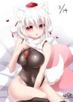  1girl albino animal_ears bare_shoulders between_breasts blush breasts crop_top hajime_(ak-r) hat highres inubashiri_momiji large_breasts one-piece_swimsuit red_eyes shirt shirt_lift sleeveless sleeveless_shirt swimsuit swimsuit_under_clothes tail tokin_hat touhou valentine white_hair wolf_ears wolf_tail 