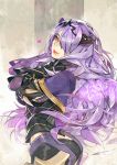  1girl arched_back armor camilla_(fire_emblem_if) fire_emblem fire_emblem_if gauntlets hair_over_one_eye heart ian_olympia long_hair looking_at_viewer purple_hair solo violet_eyes 