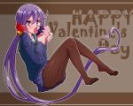  1girl absurdly_long_hair akebono_(kantai_collection) bell bow brown_legwear chocolate chocolate_heart flower from_side frown full_body hair_bell hair_bow hair_flower hair_ornament happy_valentine heart jingle_bell kantai_collection long_hair looking_at_viewer pantyhose purple_hair side_ponytail sweater thighs toes very_long_hair violet_eyes yuki_to_hana 
