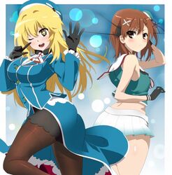  +_+ 2girls ass atago_(kantai_collection) atago_(kantai_collection)_(cosplay) beret black_gloves blonde_hair blush breasts brown_eyes brown_hair brown_legwear cosplay cosplay_request gloves hat headgear highres kantai_collection large_breasts long_hair looking_at_viewer maya_(kantai_collection) maya_(kantai_collection)_(cosplay) military military_uniform misaka_mikoto momoiro_tanuki multiple_girls open_mouth pantyhose shokuhou_misaki short_hair smile to_aru_kagaku_no_railgun to_aru_majutsu_no_index uniform 