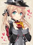  1girl anchor_hair_ornament aqua_eyes blonde_hair box gift gift_box hair_ornament hat heart kantai_collection long_sleeves military military_uniform peaked_cap prinz_eugen_(kantai_collection) shijima_(sjmr02) smile solo twintails twitter_username uniform valentine 