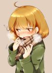  1girl alternate_costume bandaid bandaid_on_face blush breath brown_eyes brown_hair brown_scarf commentary_request fang flying_sweatdrops green_jacket highres jacket kantai_collection long_sleeves nassukun oboro_(kantai_collection) open_mouth short_hair solo 