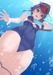  1girl asymmetrical_hair bare_arms bare_legs black_hair breasts brown_eyes cowboy_shot fingerless_gloves gloves headphones i-14_(kantai_collection) kantai_collection open_mouth school_swimsuit short_hair small_breasts swimsuit thighs yasuto_(eria151) 