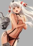  1girl amatsukaze_(kantai_collection) black_panties blush breasts brown_eyes choker covering covering_breasts cowboy_shot embarrassed garter_straps gloves hair_tubes highres kantai_collection lifebuoy long_hair looking_at_viewer navel no_bra open_mouth panties rensouhou-kun sailor_collar silver_hair single_glove small_breasts thigh-highs two_side_up underwear white_gloves windsock yamaneko_(tkdrumsco) 