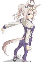  1girl absurdres ahoge animal_ears blue_eyes brown_hair buckwheat638478 commentary grey_hair hair_ornament highres horse_ears horse_girl horse_tail jacket kasamatsu_tracen_training_uniform long_hair looking_at_viewer multicolored_hair multicolored_jacket oguri_cap_(umamusume) pants ponytail purple_jacket purple_pants shoes simple_background solo standing streaked_hair tail track_suit two-tone_jacket umamusume umamusume:_cinderella_gray v-shaped_eyebrows white_background white_jacket white_shoes 