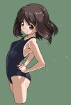  1girl arched_back black_swimsuit brown_eyes brown_hair competition_swimsuit cowboy_shot green_background hands_on_hips looking_at_viewer one-piece_swimsuit original rohitsuka short_hair smile solo swimsuit 