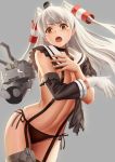  1girl amatsukaze_(kantai_collection) black_panties blush breasts brown_eyes choker covering covering_breasts cowboy_shot dress embarrassed garter_straps gloves hair_tubes highres kantai_collection lifebuoy long_hair looking_at_viewer navel open_mouth panties rensouhou-kun sailor_collar silver_hair single_glove small_breasts thigh-highs torn_clothes torn_dress two_side_up underwear white_gloves windsock yamaneko_(tkdrumsco) 