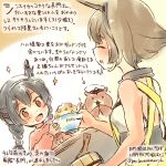  2girls alternate_hairstyle animal apron black_hair braid brown_hair commentary_request dated food hamster headgear kantai_collection kirisawa_juuzou long_hair long_sleeves multiple_girls mutsu_(kantai_collection) nagato_(kantai_collection) non-human_admiral_(kantai_collection) pink_sweater red_eyes short_hair sweater traditional_media translation_request twin_braids twitter_username 