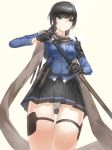  1girl black_hair blue_eyes cape commentary_request from_below gloves highres holster jacket kfr panties pantyshot pantyshot_(standing) pleated_skirt skirt solo standing tan_background thigh_holster underwear 