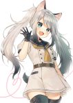  1girl animal_ears bangs black_legwear blush boots cowboy_shot dress eyebrows_visible_through_hair fang green_eyes heart heart_of_string long_hair looking_at_viewer midorikawa_you open_mouth original sailor_dress sidelocks silver_hair simple_background solo tail thigh-highs thigh_boots twintails white_background 