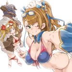  ! 1boy 2girls armpits ass beatrix_(granblue_fantasy) bikini blonde_hair breasts brown_hair character_request cleavage crossed_arms dark_skin dark_skinned_male glasses_on_head granblue_fantasy green_eyes helmet long_hair looking_at_viewer multiple_girls one_eye_closed ponytail red_bikini simple_background smile spoken_exclamation_mark swimsuit thomasz twintails v white_background zeta_(granblue_fantasy) 