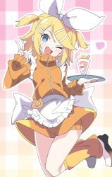  1girl absurdres apron aqua_eyes blonde_hair blush bow breasts drink eyelashes fang gradient_background hair_bow hair_ornament hairclip head_tilt heart highres holding holding_drink holding_plate hutaba_haru jacket jumping kagamine_rin leg_warmers looking_at_viewer medium_hair miniskirt one_eye_closed open_mouth orange_jacket orange_leg_warmers orange_skirt pastel_colors pink_background pink_pupils plaid_background plate posing short_twintails skirt small_breasts smile solo sweatsuit swept_bangs twintails v vocaloid waist_apron white_apron white_bow white_sneakers yellow_background zipper zipper_pull_tab 