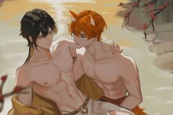 2boys animal_ears artist_request branch carrying fox_ears genshin_impact multiple_boys princess_carry shirtless_male tartaglia_(genshin_impact) water yaoi zhongli_(genshin_impact)