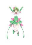  1girl :o absurdres arms_up clenched_hands covered_navel detached_sleeves flower full_body green green_hair hair_flower hair_ornament highres juure_mikku_pandora_puerta looking_at_viewer mari_kakuhara official_art orange_eyes puffy_sleeves refeia short_hair simple_background sky thigh-highs white_background white_legwear 