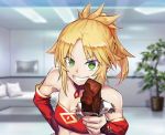  1girl bare_shoulders blonde_hair detached_collar detached_sleeves fate/grand_order fate_(series) green_eyes kengzeta looking_at_viewer midriff ponytail saber_of_red solo valentine 