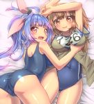  2girls all_fours armpit_peek ass blue_hair breasts brown_eyes brown_hair covered_navel fang groin groping hair_ribbon hairband i-19_(kantai_collection) i-26_(kantai_collection) kantai_collection large_breasts light_brown_eyes light_brown_hair long_hair lying multiple_girls name_tag new_school_swimsuit old_school_swimsuit one-piece_swimsuit red_eyes ribbon ruku_rx sailor_collar school_swimsuit shiny shiny_skin short_sleeves star star-shaped_pupils swimsuit swimsuit_under_clothes symbol-shaped_pupils tri_tails twintails two-tone_hairband two_side_up 