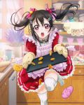  1girl absurdres apron black_hair hair_bobbles hair_ornament hair_ribbon highres indoors long_hair looking_at_viewer love_live! love_live!_school_idol_project open_mouth pink_apron pink_ribbon pleated_skirt red_eyes red_skirt ribbon shoes_removed single_shoe skirt solo thigh-highs twintails white_legwear yazawa_nico 