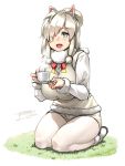  1girl alpaca alpaca_ears alpaca_suri alpaca_tail artist_name blonde_hair blue_eyes bow breasts coffee_cup dated dress fur_trim grass hair_over_one_eye highres kemono_friends large_breasts long_sleeves looking_at_viewer open_mouth seiza shorts sidelocks sitting smile solo steam tachibana_roku white_background 
