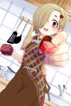  1girl apron blonde_hair box chocolate chocolate_heart earrings faucet foreshortening gift gift_box hair_ornament hair_over_one_eye heart heart_hair_ornament highres idolmaster idolmaster_cinderella_girls indoors jewelry ladle looking_at_viewer momo_(higanbana_and_girl) pot pov red_eyes shirasaka_koume short_hair short_sleeves smile solo valentine 