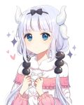  1girl bangs beads black_bow black_hairband blue_eyes blunt_bangs blush bow capelet dragon_girl dragon_horns dress eyebrows_visible_through_hair hair_beads hair_bow hair_ornament hairband horns kanna_kamui kobayashi-san_chi_no_maidragon long_hair long_sleeves looking_at_viewer moffle_(2019) silver_hair simple_background solo twintails upper_body white_background 