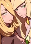  2girls bangs bare_shoulders blonde_hair blush breast_press breasts cleavage closed_mouth diamond diamond_(shape) dress elite_four eyelashes fur_trim grey_eyes hair_over_one_eye half-closed_eyes large_breasts long_hair looking_at_viewer lusamine_(pokemon) mature multiple_girls pink_lips pokemon pokemon_(game) pokemon_sm shiroinuchikusyo shirona_(pokemon) sleeveless smile symmetrical_docking upper_body 