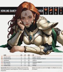  absurdres armor blush closed_mouth eldar english_text facial_mark forehead_mark highres long_hair looking_at_viewer nnnmengmeng pauldrons pointy_ears red_hair red_lips shoulder_armor warhammer_40k white_armor white_background yellow_eyes 