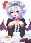  1girl bat_wings blue_hair bow bowtie center_frills chocolate cup fang hat hat_ribbon interlocked_fingers junior27016 long_sleeves mob_cap open_mouth pointy_ears red_bow red_bowtie red_eyes red_ribbon remilia_scarlet ribbon short_hair simple_background sitting solo table teacup touhou valentine wings wrist_cuffs 