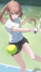  1girl absurdres artist_name ball black_skirt blue_eyes blurry brown_hair chain-link_fence depth_of_field fence guree_(haiiro) hair_between_eyes hair_intakes highres holding holding_racket long_hair miniskirt open_mouth original outdoors ponytail racket short_sleeves skirt sportswear tennis tennis_ball tennis_court tennis_racket tennis_uniform thighs twitter_username wristband 
