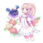  1girl blonde_hair cosmog flower green_eyes joypyonn lillie_(pokemon) long_hair open_mouth pokemon pokemon_(creature) pokemon_(game) pokemon_sm ponytail short_sleeves skirt white_skirt 