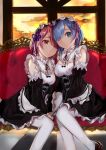  2girls apron bare_shoulders black_dress blue_eyes blue_hair couch detached_sleeves dress evening hair_ornament highres indoors kyanoko_(rakalirica) light_smile lips looking_at_viewer maid multiple_girls pantyhose pink_eyes pink_hair ram_(re:zero) re:zero_kara_hajimeru_isekai_seikatsu rem_(re:zero) serious short_dress short_hair sitting smile waist_apron white_legwear wide_sleeves window x_hair_ornament 