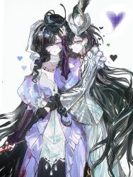  2girls absurdres arm_around_waist black_gloves black_hair black_hat closed_mouth dress dual_persona gloves grey_hat grey_jacket grey_skirt hand_on_own_head hand_up hat heart highres hug hug_from_behind isolde_(and_all_that_jazz)_(reverse:1999) isolde_(reverse:1999) jacket jewelry juliet_sleeves long_dress long_hair long_skirt long_sleeves looking_at_viewer multiple_girls necklace official_alternate_costume pearl_necklace puffy_sleeves purple_dress reverse:1999 see-through_clothes see-through_veil selfcest skirt smile tilted_headwear upper_body veil very_long_hair violet_eyes weiyan_(nbnbmwnl) white_background yuri 