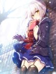  1girl ahoge black_legwear blonde_hair blush box fate/grand_order fate_(series) garter_straps gift gift_box heroine_x heroine_x_(alter) jacket looking_at_viewer parted_lips plaid plaid_scarf red_scarf saber scarf school_uniform snow solo thigh-highs valentine yano_mitsuki yellow_eyes 