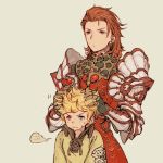  ... 2boys age_difference alec_(granblue_fantasy) armor blonde_hair blue_eyes granblue_fantasy hair_tousle heterochromia long_hair male_focus multiple_boys percival_(granblue_fantasy) red_eyes redhead sarry23 short_hair simple_background spoken_ellipsis sweat tan_background 