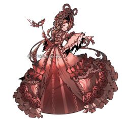  1girl blue_eyes brown_hair choker curtained_hair dress dress_ribbon flower frilled_dress frilled_sleeves frills full_body highres holding holding_mask indicant's_trial_(e.g.o) limbus_company long_hair long_sleeves looking_at_viewer mask masquerade_mask open_mouth project_moon red_choker red_dress red_flower red_rose rodion_(project_moon) rose simple_background solo standing updo white_background white_dress white_flower white_rose zeremi0102 