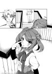  &gt;:p 1boy 1girl :p ^_^ admiral_(kantai_collection) akanbe arm_warmers bangs blush bow bowtie box_of_chocolates closed_eyes collared_shirt comic double_bun eyebrows_visible_through_hair greyscale hand_up holding kantai_collection long_sleeves looking_at_another looking_up michishio_(kantai_collection) military military_uniform monochrome naval_uniform pants pleated_skirt ribbon school_uniform sheita shiny shiny_hair shirt short_hair short_sleeves short_twintails skirt smile stairs standing suspender_skirt suspenders swept_bangs tongue tongue_out twintails uniform valentine 