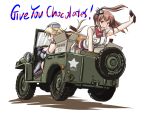  2girls blonde_hair blue_eyes box breast_pocket brown_hair chocolate dated dress driving elbow_gloves english fingerless_gloves gloves ground_vehicle headgear iowa_(kantai_collection) jeep kantai_collection left-hand_drive long_hair looking_at_viewer miniskirt motor_vehicle multiple_girls neckerchief pocket ponytail red_neckerchief saratoga_(kantai_collection) side_ponytail skirt spare_tire striped striped_legwear tatsumi_rei thigh-highs tire twitter_username vertical-striped_legwear vertical_stripes wheel white_background white_dress 