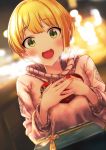  1girl baffu bangs blonde_hair blush box commentary_request gift gift_box green_eyes heart heart-shaped_box highres holding holding_gift idolmaster idolmaster_cinderella_girls incoming_gift looking_at_viewer miyamoto_frederica open_mouth pov short_hair smile solo_focus sweater valentine 