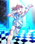  1boy ;d alternate_costume belt bnjgm. brown_eyes brown_hair checkered checkered_floor clenched_hand dog_tags fang headset idol idolmaster idolmaster_side-m knees one_eye_closed open_mouth shoes shorts sleeveless smile sneakers sparkle stage tachibana_shirou 